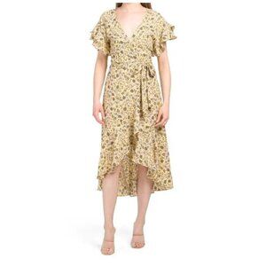 NEW! Max Studio Ditsy Floral Crepe Ruffle Short Sleeve Wrap Midi Dress M BOHO